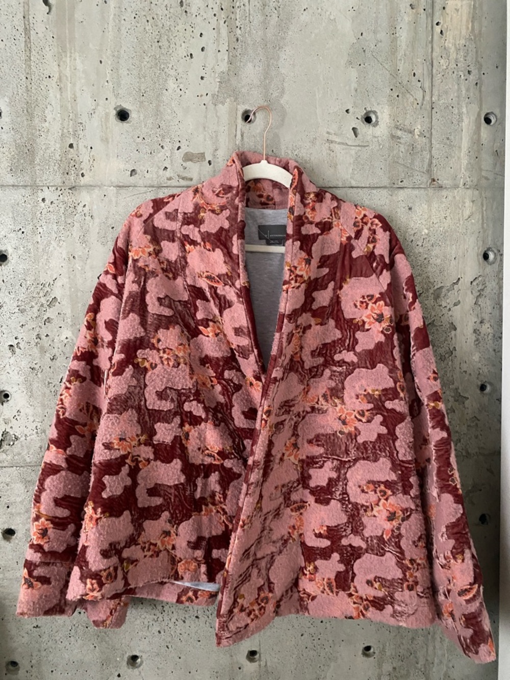 Anthropologie Pink & Burgundy Floral Textured Open-Front Jacket